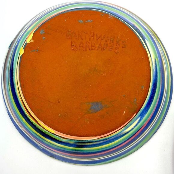 Earthworks Barbados WestIndies Red Clay Pottery Blue Multi Swirl Bowl & Plate - Picture 10 of 16